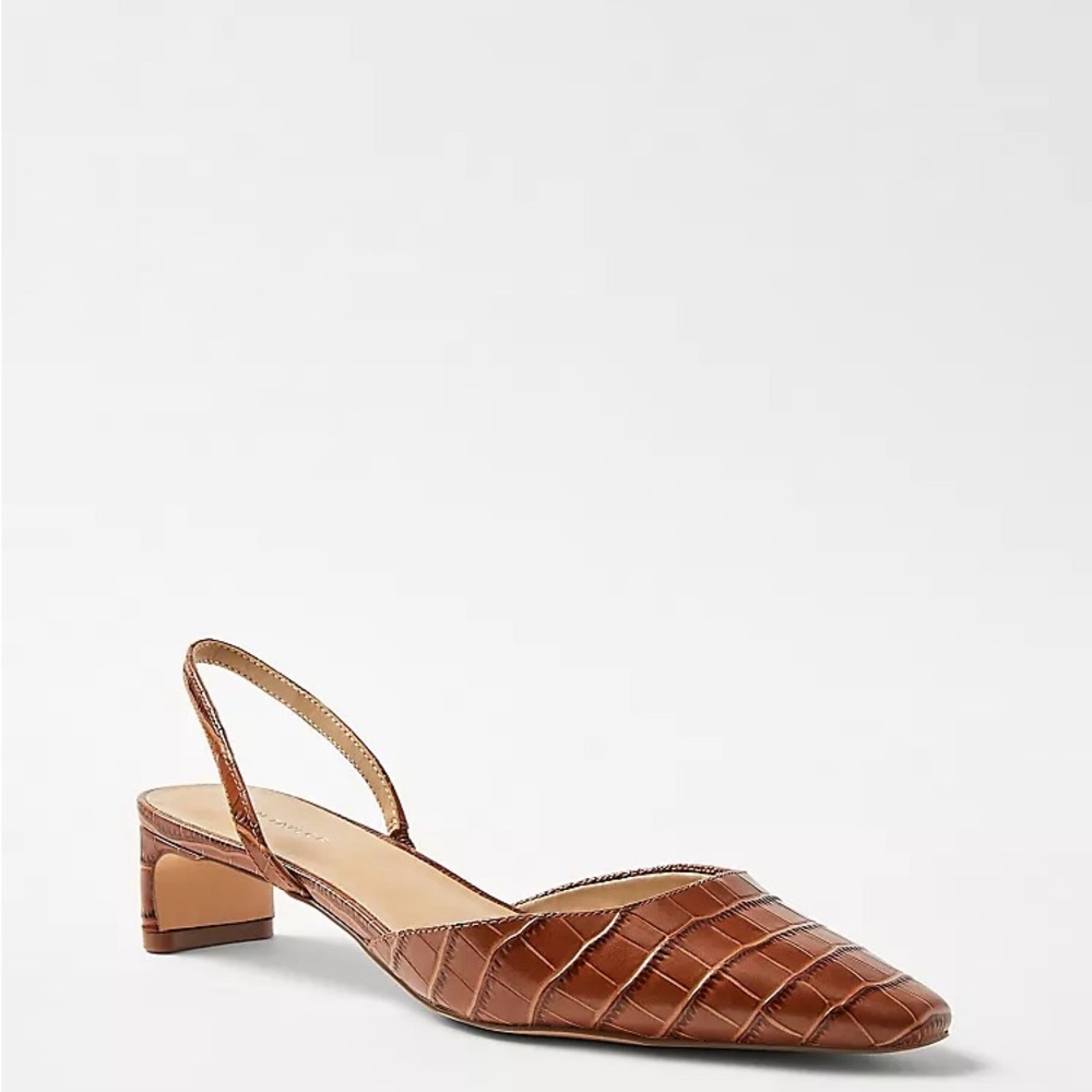 Ann Taylor Croc Embossed Leather Slingback Heels Brown Pointed Toe 7.5 Office